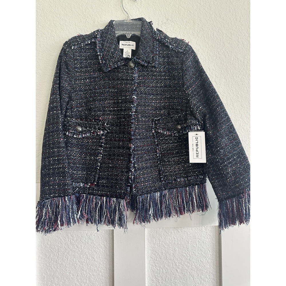 For The Republic Navy Blue Tweed Fringe Blazer Jacket Womens Size 6 NWT